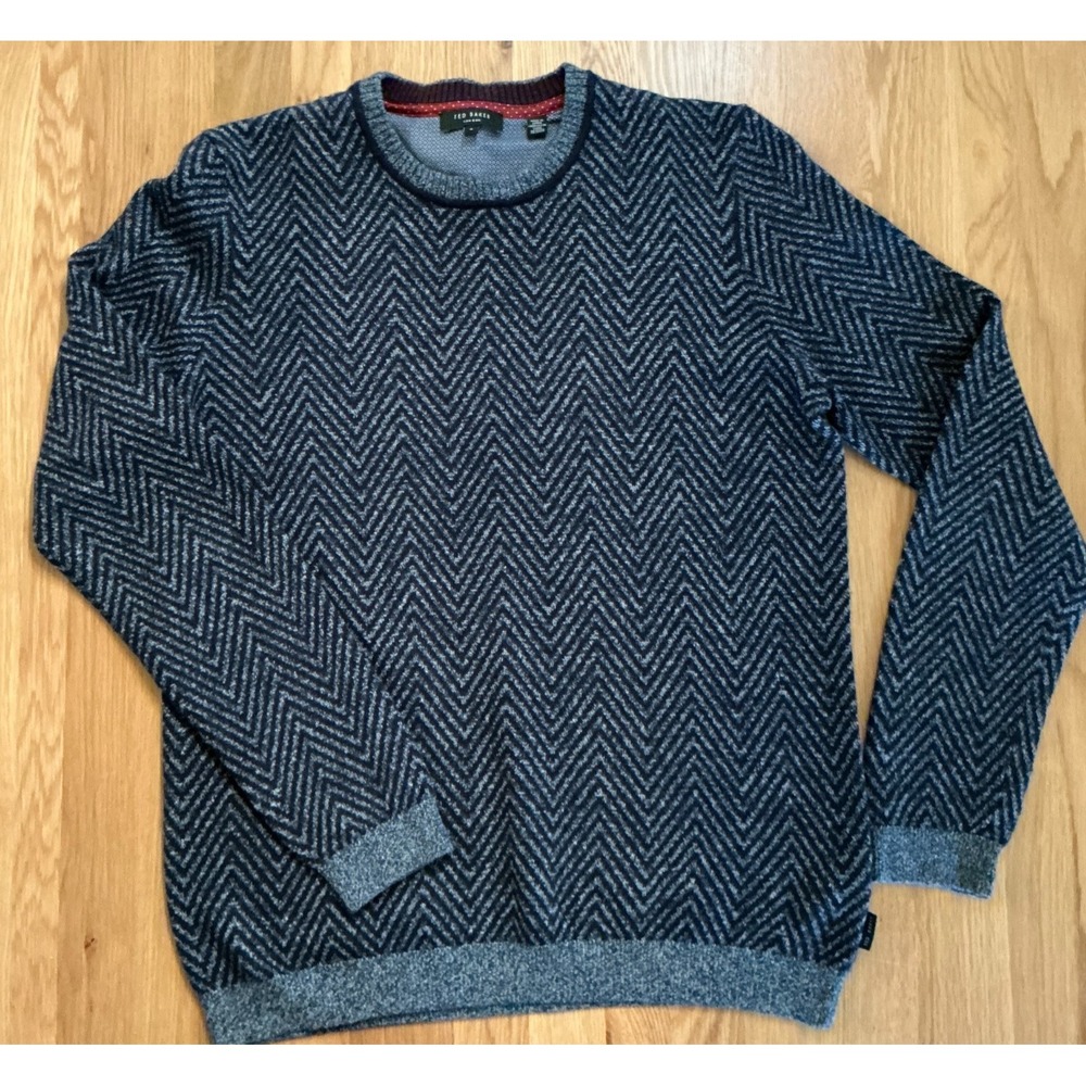 Ted Baker London Crewneck Sweater Men's Large Chevron Knit Navy Gray Wool Blend
